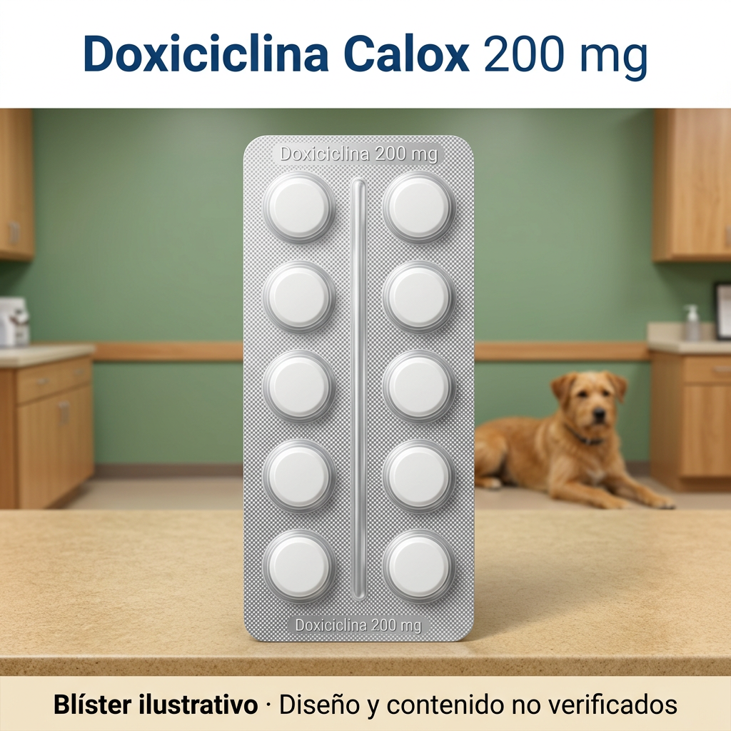 Blíster genérico ilustrativo de doxiciclina 200 mg en primer plano en entorno veterinario; diseño y contenido del empaque Calox no verificados