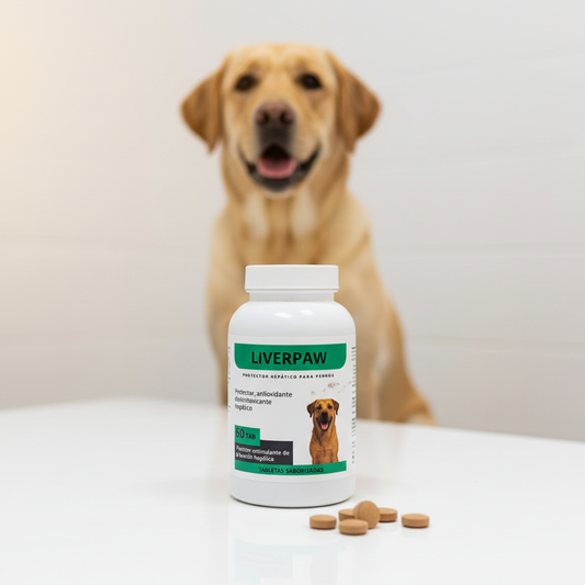 Liverpaw tabletas protector hepático para perros, suplemento veterinario en primer plano con tabletas Monte Blanco Distribuciones Veterinarias
