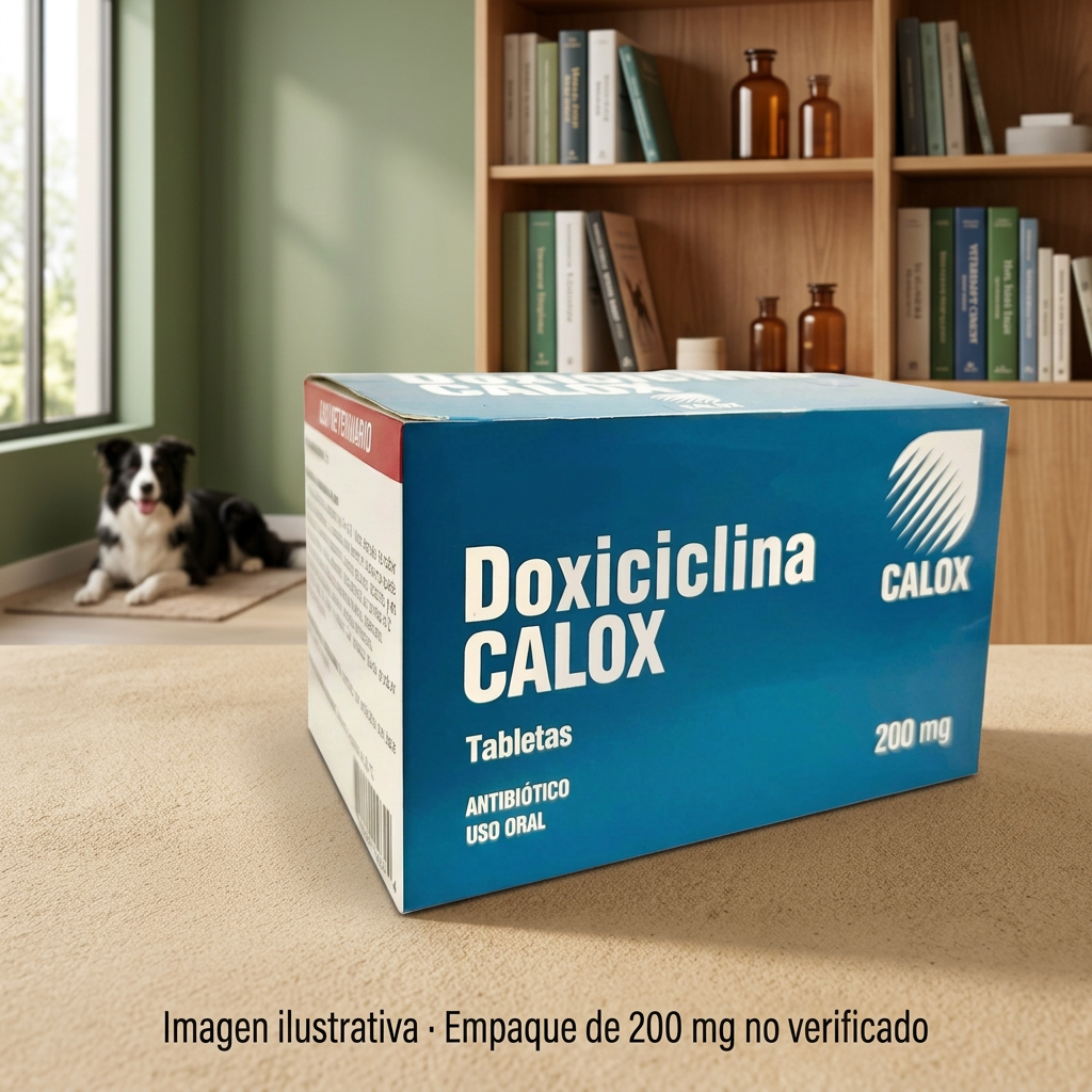 Representación ilustrativa de Doxiciclina Calox 200 mg en primer plano, con perro border collie y consultorio verde salvia con madera; empaque no verificado