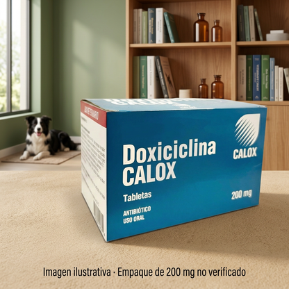 Representación ilustrativa de Doxiciclina Calox 200 mg en primer plano, con perro border collie y consultorio verde salvia con madera; empaque no verificado