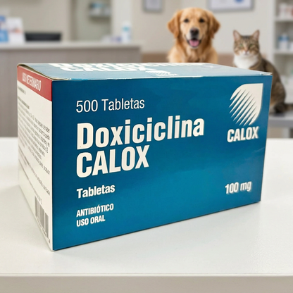 Caja completa de Doxiciclina Calox 100 mg de 500 tabletas, con perro y gato al fondo de una clínica veterinaria