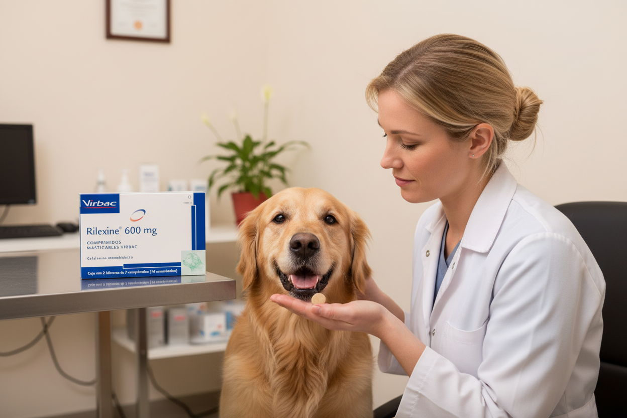 Rilexine 600mg Virbac - Perro golden retriever recibiendo tratamiento antibiótico