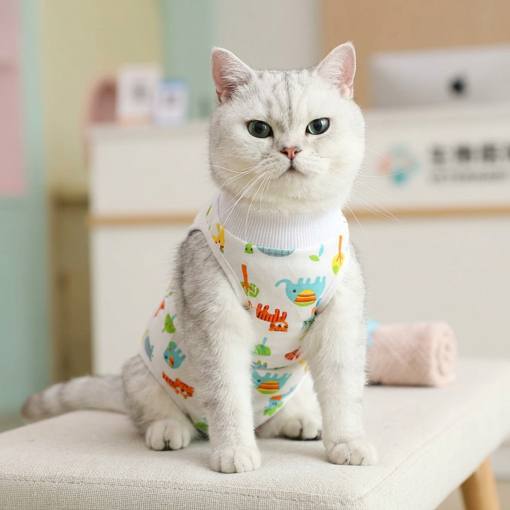 Gato blanco plateado sentado con traje postquirúrgico blanco de estampado multicolor y cuello acanalado, en espacio veterinario luminoso con fondo desenfocado