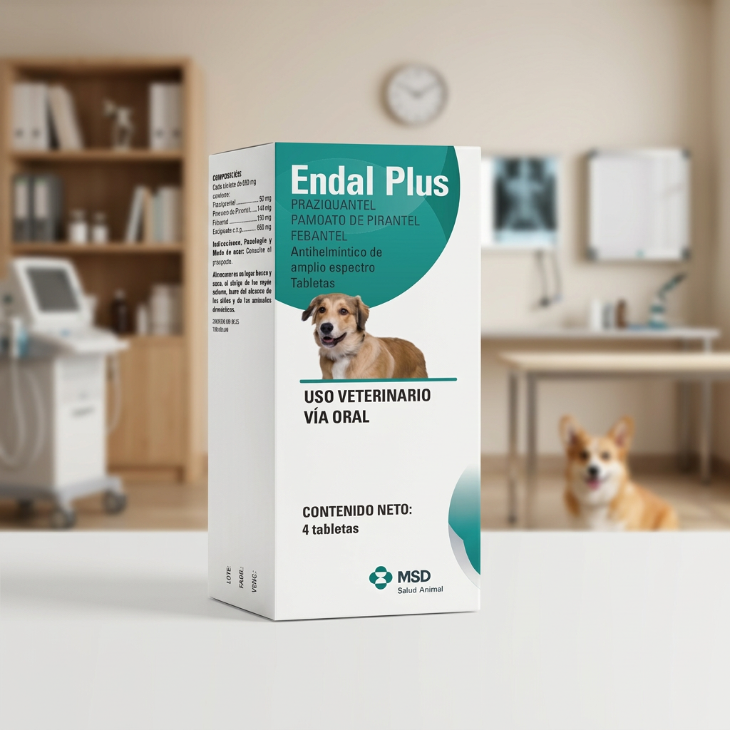 Endal Plus MSD para perros, caja de cuatro tabletas en primerísimo primer plano en un entorno veterinario