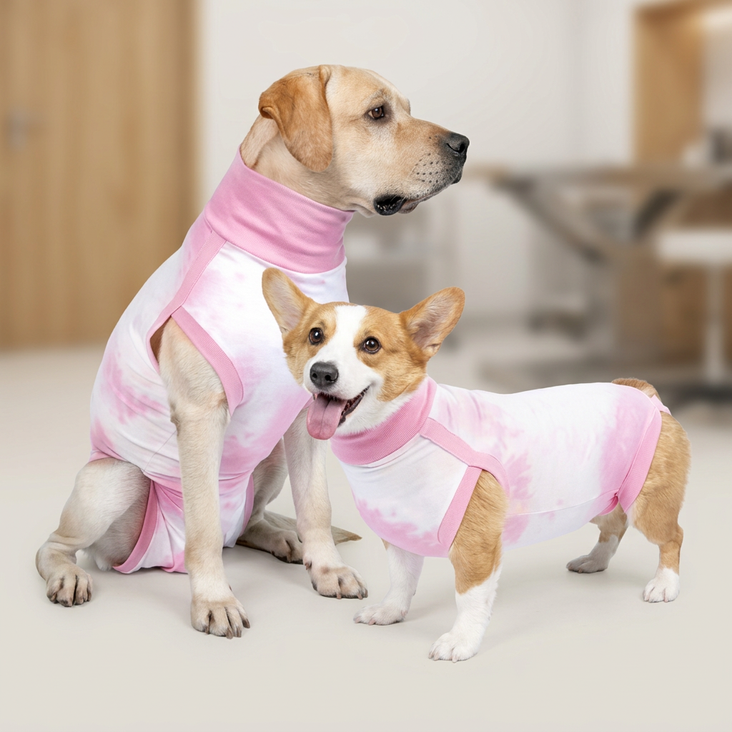 Labrador sentado y corgi de pie con trajes postquirúrgicos blancos y rosados, en primer plano sobre suelo claro con fondo veterinario desenfocado