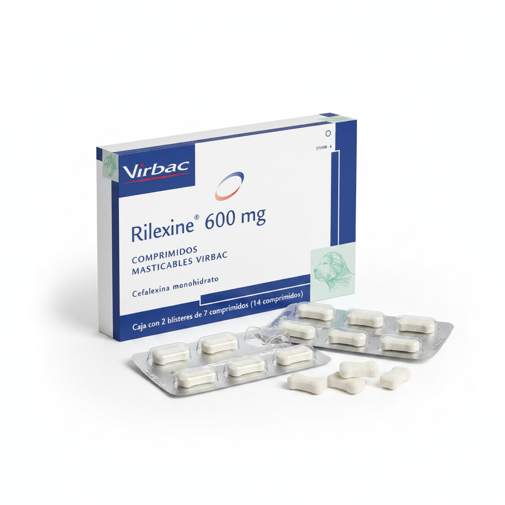 Rilexine 600mg Virbac - Fotografía profesional producto veterinario fondo blanco