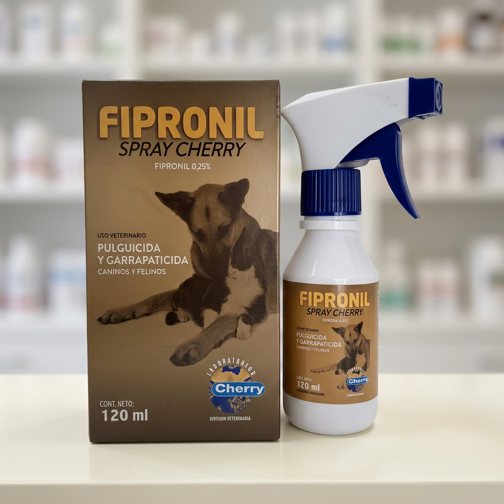 Fipronil Spray Cherry 0,25 %, caja y frasco blanco de 120 ml con pulverizador azul y blanco, en primer plano sobre encimera de farmacia veterinaria