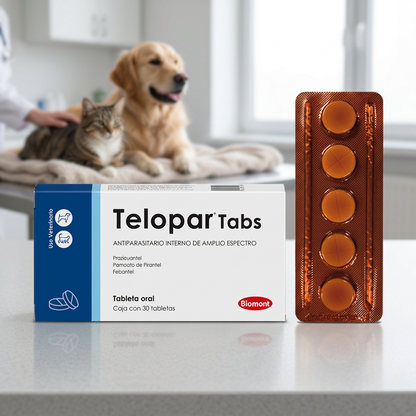 Caja y blíster de cinco tabletas de Telopar Tabs Biomont, antiparasitario oral para perros y gatos, en primer plano en consultorio veterinario