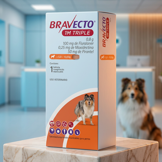 Fluralaner Triple 1M, caja con una tableta para perros de más de 5 a 10 kg, con 100 mg de fluralaner, 0.25 mg de moxidectina y 50 mg de pirantel. Monte Blanco Distribuciones Veterinarias