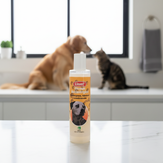 Shampoo Linvet antiseborreico, antialérgico y antipruriginoso para perros y gatos en primer plano Monte Blanco Distribuciones Veterinarias