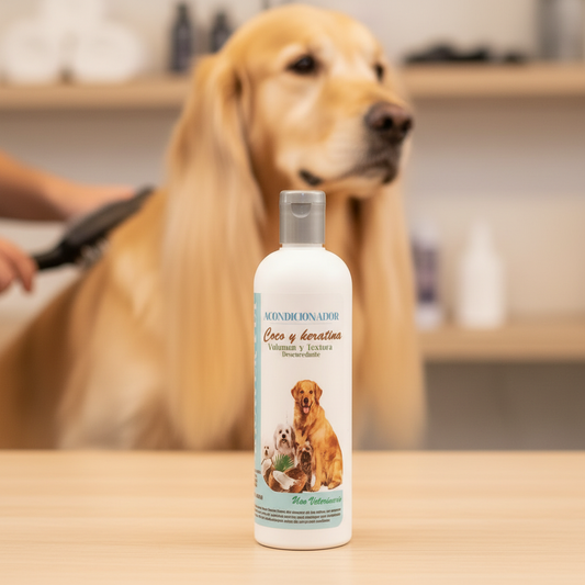 Acondicionador Coco y Keratina 2 en 1 para perros, envase en primer plano durante grooming canino Monte Blanco Distribuciones Veterinarias