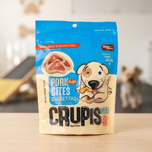Bolsa azul y crema de Crupis Chuletitas Pork Chop Bites Super Perro, bocaditos para perros, en primer plano con perro desenfocado en espacio de entrenamiento canino Monte Blanco Distribuciones Veterinarias