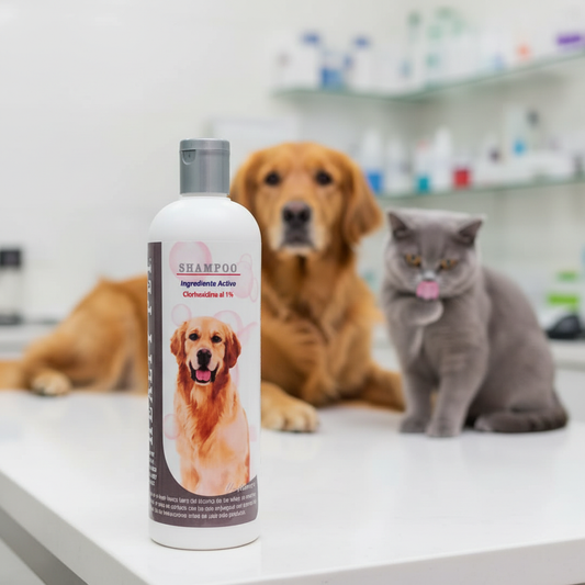 Shampoo Clorhexidina 1% medicado para infecciones de piel en perros y gatos, envase en primer plano Monte Blanco Distribuciones Veterinarias