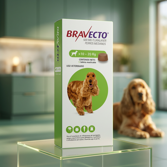 Caja verde de fluralaner 500 mg para perros de más de 10 a 20 kg, una tableta masticable, en primer plano sobre pedestal con perro cocker al fondo. Monte Blanco Distribuciones Veterinarias