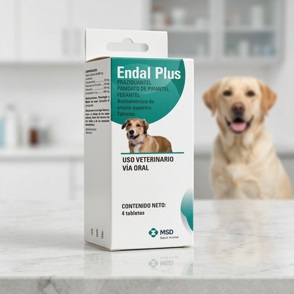 Caja de Endal Plus MSD de 4 tabletas, desparasitante con praziquantel, pirantel y febantel para perros, en primer plano con perro al fondo