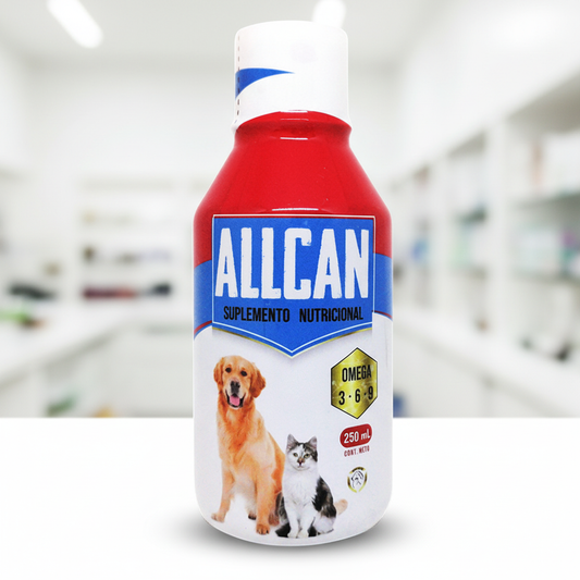 ALLCAN suplemento nutricional con omega 3 6 y 9 en primer plano para perros y gatos Monte Blanco Distribuciones Veterinarias
