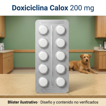 Blíster genérico ilustrativo de doxiciclina 200 mg en primer plano en entorno veterinario; diseño y contenido del empaque Calox no verificados