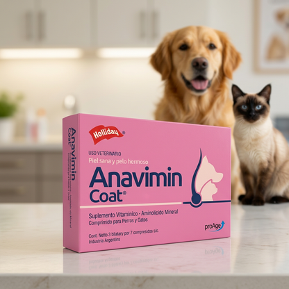 Caja rosada de Anavimin Coat Holliday, suplemento para piel y pelaje de perros y gatos, en primer plano con perro y gato al fondo