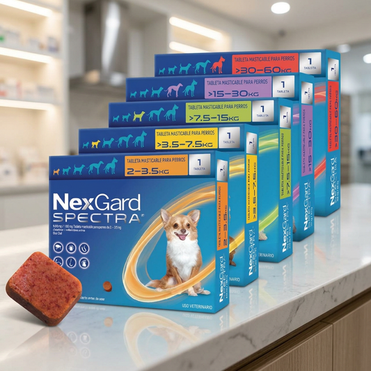 Cinco cajas azules de NexGard Spectra con bandas de peso de distintos colores y tableta de referencia en primer plano sobre encimera de farmacia veterinaria Monte Blanco Distribuciones Veterinarias