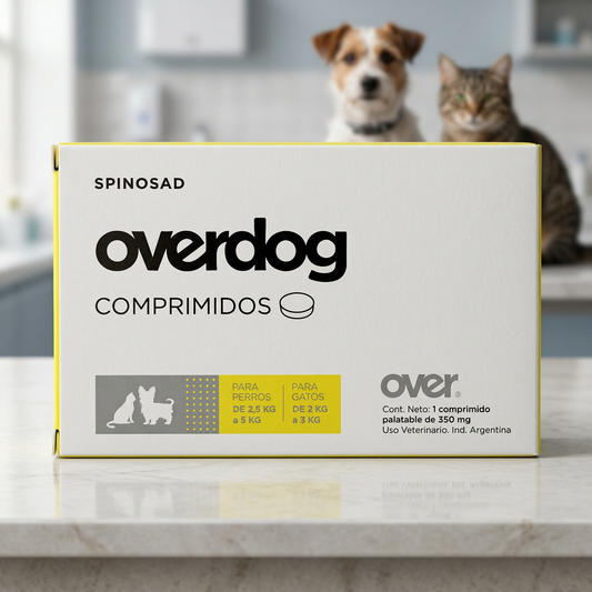 Caja amarilla Overdog comprimidos de 350 mg, para perros de 2,5 a 5 kg y gatos de 2 a 3 kg, en primer plano con perro y gato desenfocados en clínica veterinaria, Monte Blanco Nicaragua. Monte Blanco Distribuciones Veterinarias