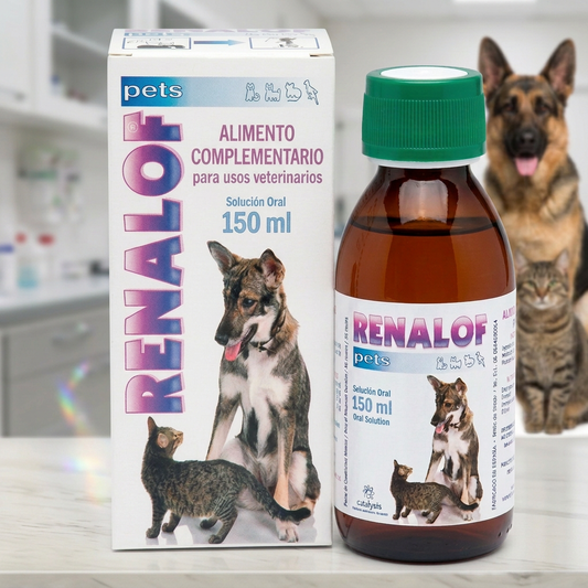 Arte digital de Renalof Pets 150 ml, caja frontal y frasco ámbar con tapa verde en primer plano, con perro pastor alemán y gato desenfocados en clínica veterinaria al fondo, Monte Blanco Nicaragua. Monte Blanco Distribuciones Veterinarias